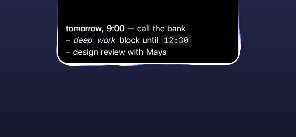 Ada replying under the notch with live captions and prismatic waves